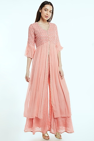 Blush Pink Chikankari Kurta With Palazzo Pants by NIsha Ajmera
