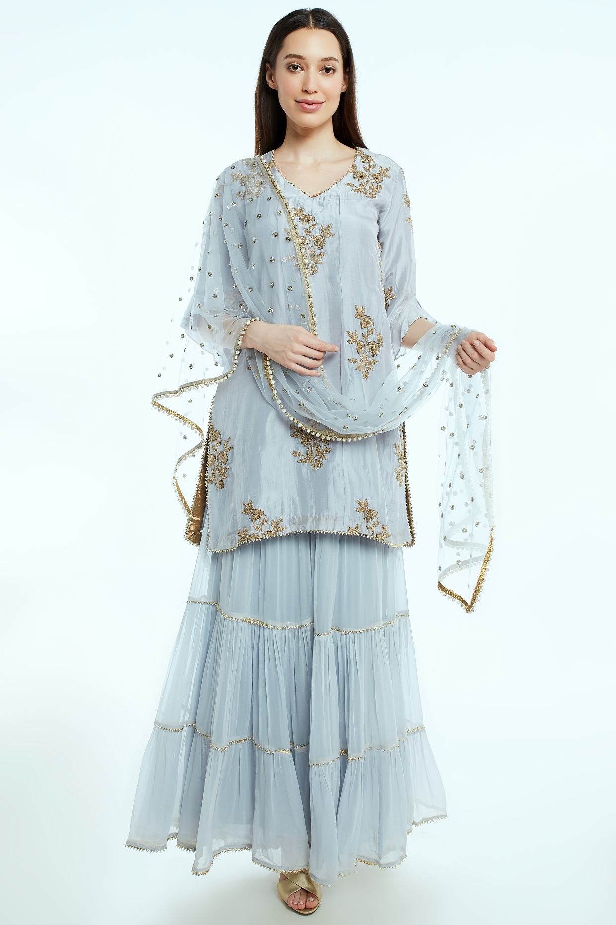 Grey Embroidered Party Wear Sharara Set by NIsha Ajmera at Pernia's Pop Up Shop