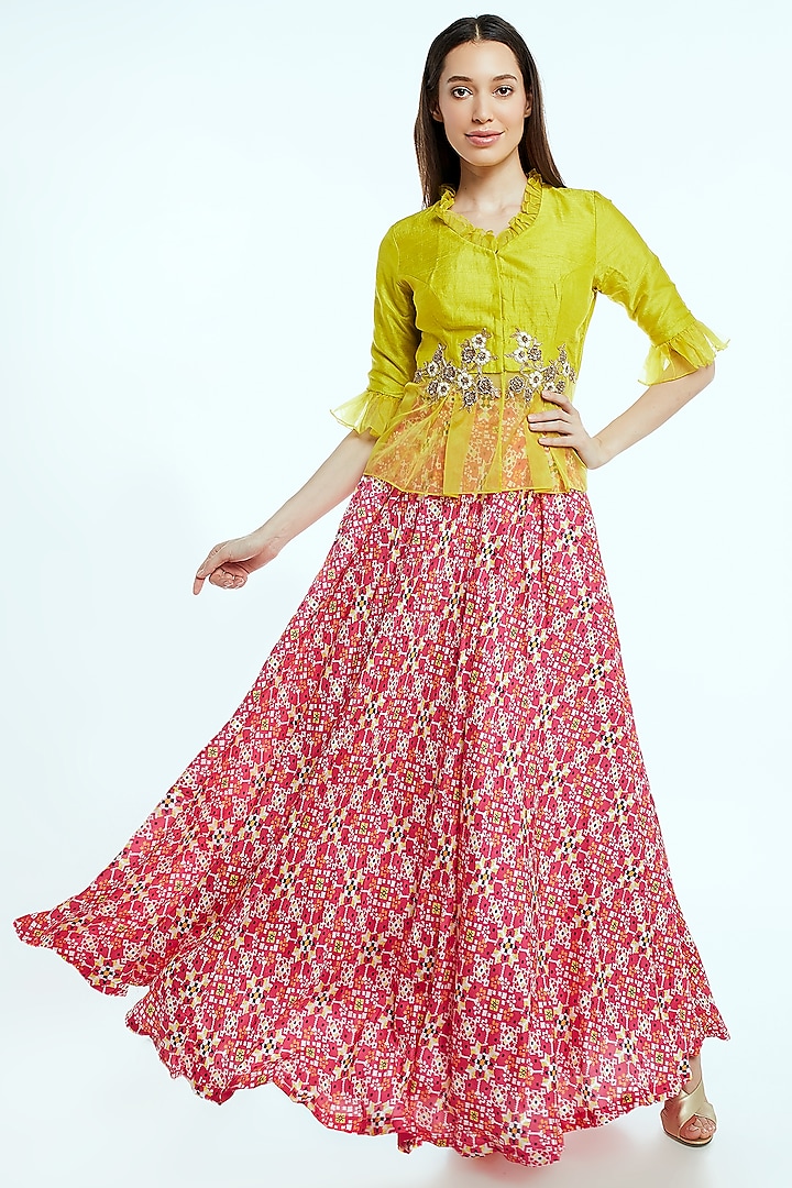 Lime Green Embroidered Peplum Top With Skirt by NIsha Ajmera