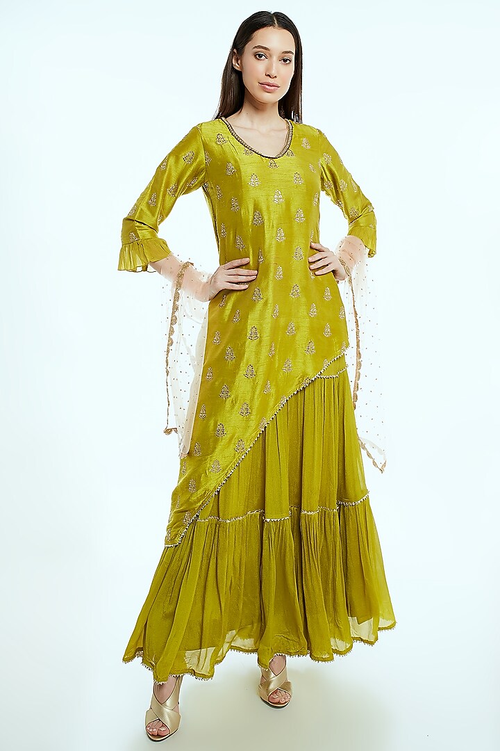 Lime Green Embroidered Anarkali With Dupatta by NIsha Ajmera