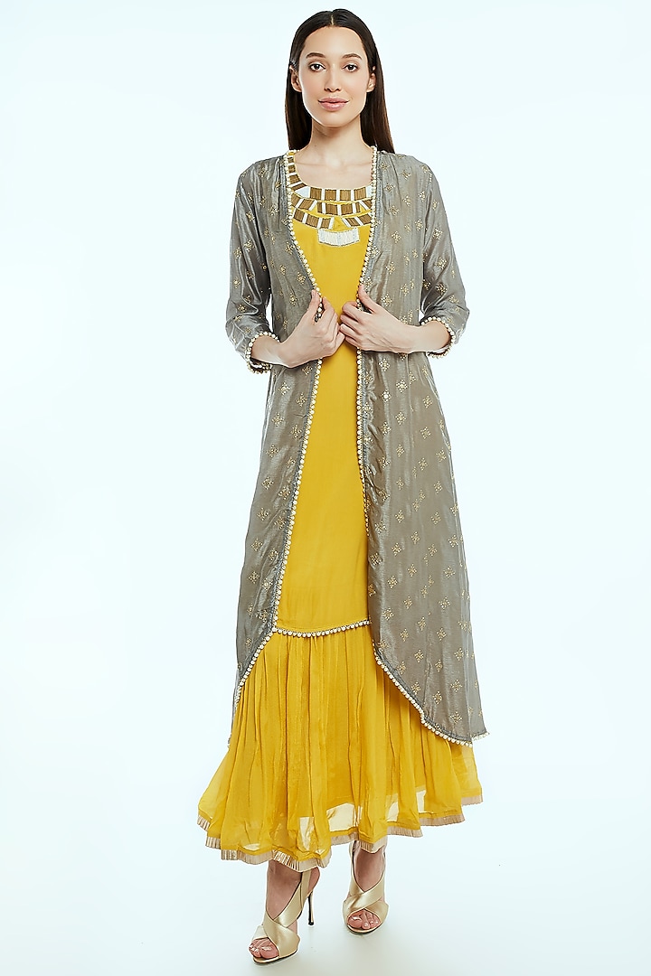 Yellow Embroidered Maxi Dress With Cape by NIsha Ajmera