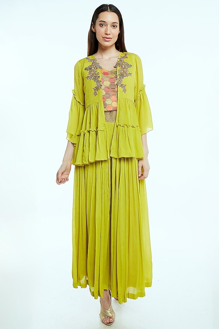 Lime Green Hand Painted Top With Embroidered Jacket & Pants by NIsha Ajmera