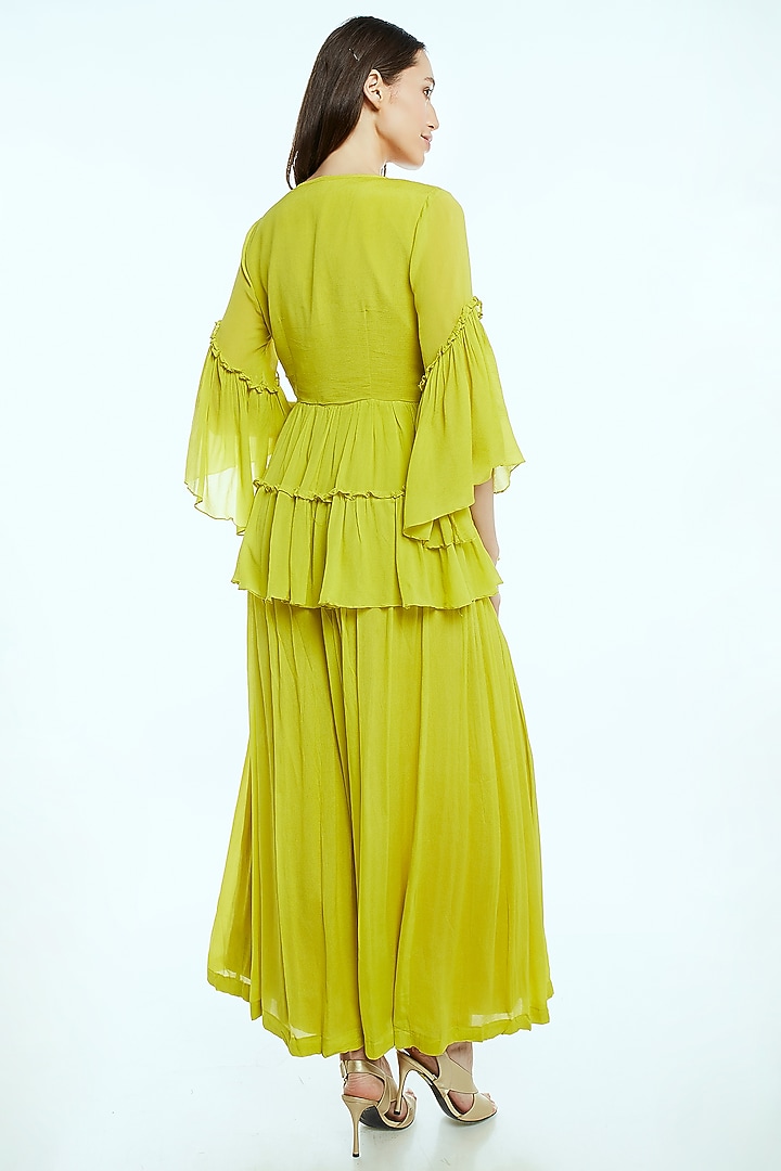 Lime Green Hand Painted Top With Embroidered Jacket & Pants by NIsha Ajmera at Pernia's Pop Up Shop