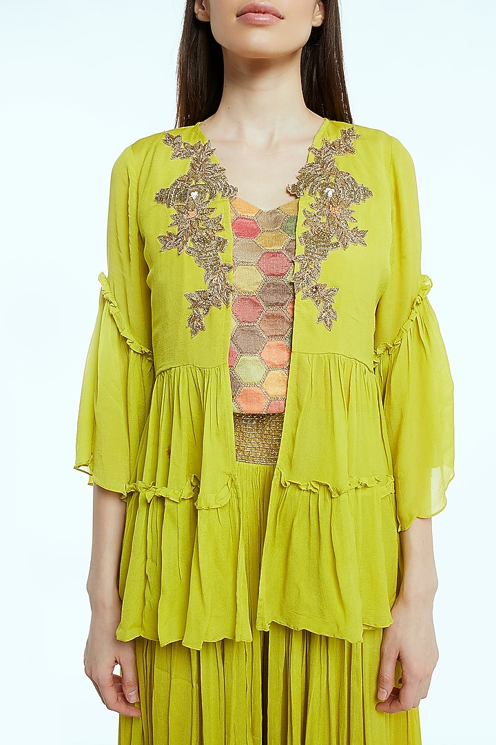 Lime Green Hand Painted Top With Embroidered Jacket & Pants by NIsha Ajmera at Pernia's Pop Up Shop