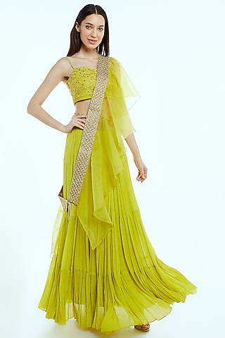 Lime Green Embroidered Draped Lehenga Set by NIsha Ajmera