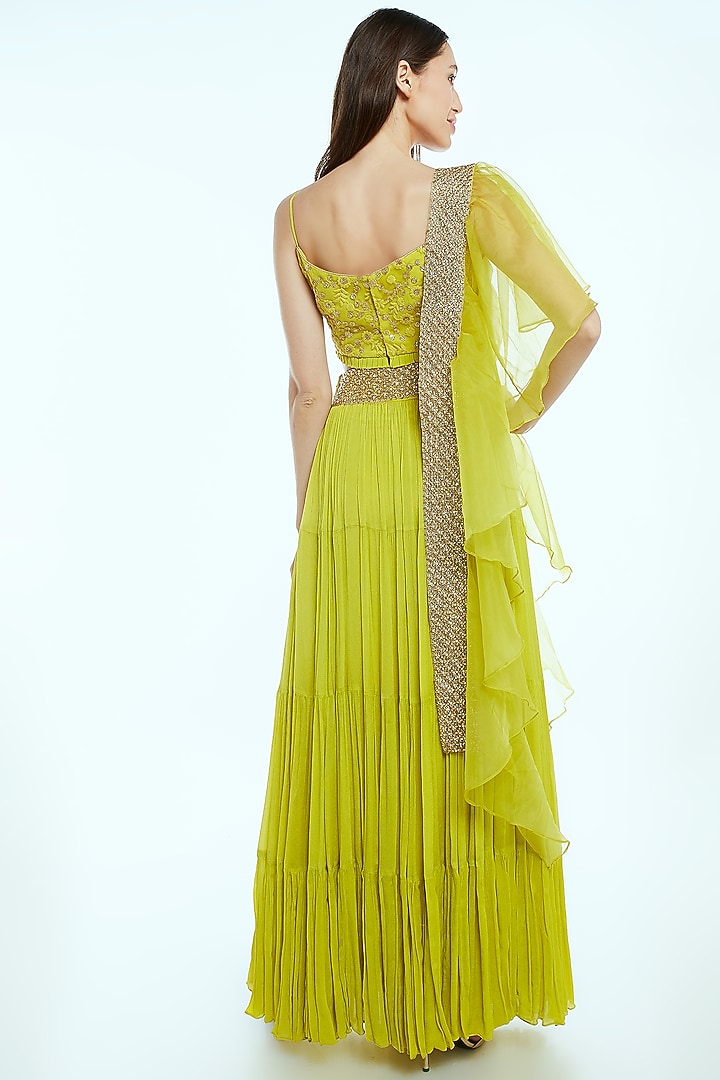 Lime Green Embroidered Draped Lehenga Set by NIsha Ajmera at Pernia's Pop Up Shop