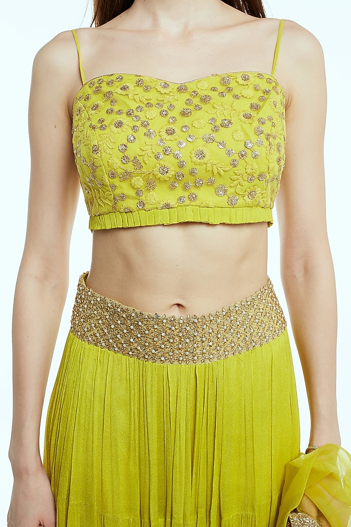 Lime Green Embroidered Draped Lehenga Set by NIsha Ajmera at Pernia's Pop Up Shop
