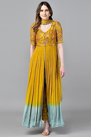 Yellow Tunic Set With Resham Work by NIsha Ajmera