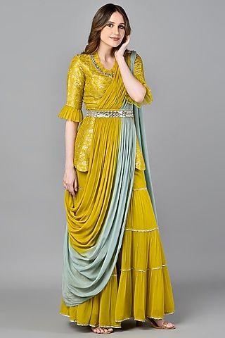 Yellow Brocade Tiered Sharara Set by NIsha Ajmera