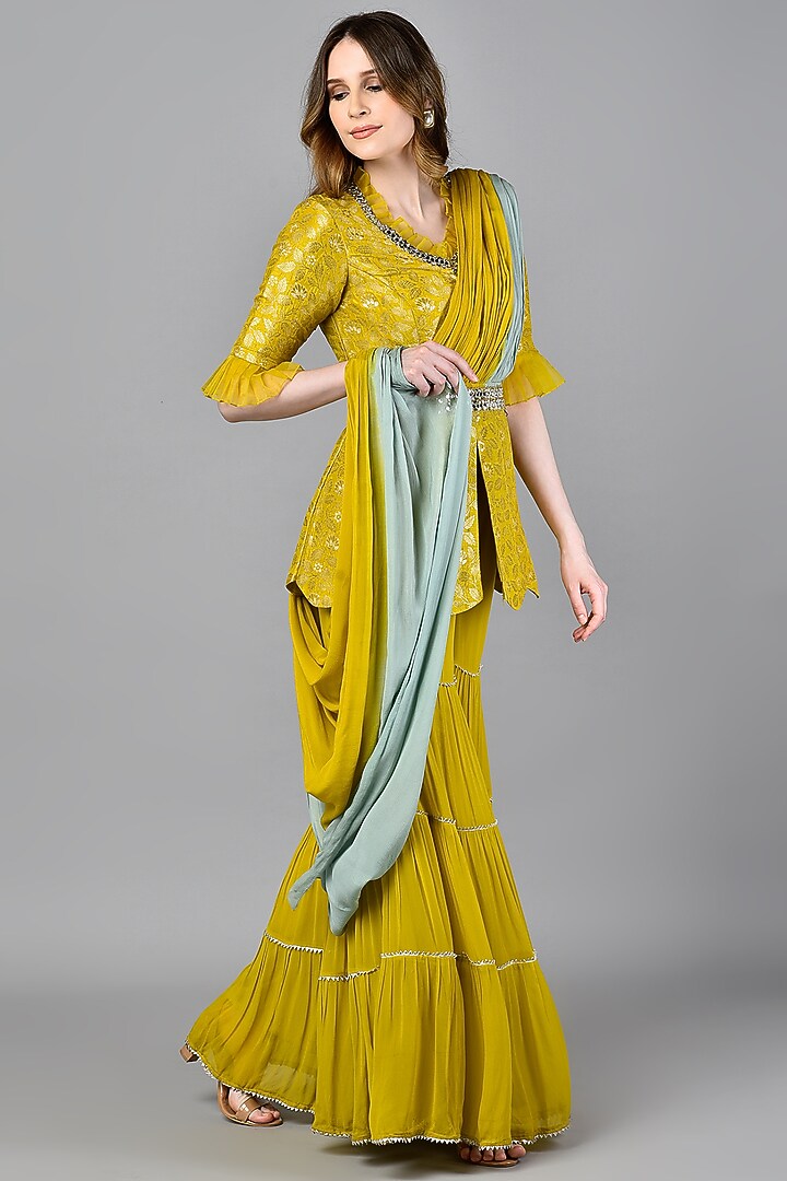 Yellow Brocade Tiered Party Wear Sharara Set by NIsha Ajmera at Pernia's Pop Up Shop