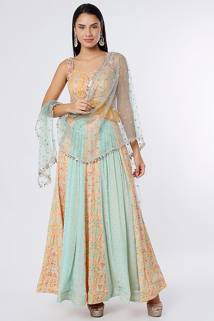 Blue & Orange Embroidered Lehenga Set by NIsha Ajmera