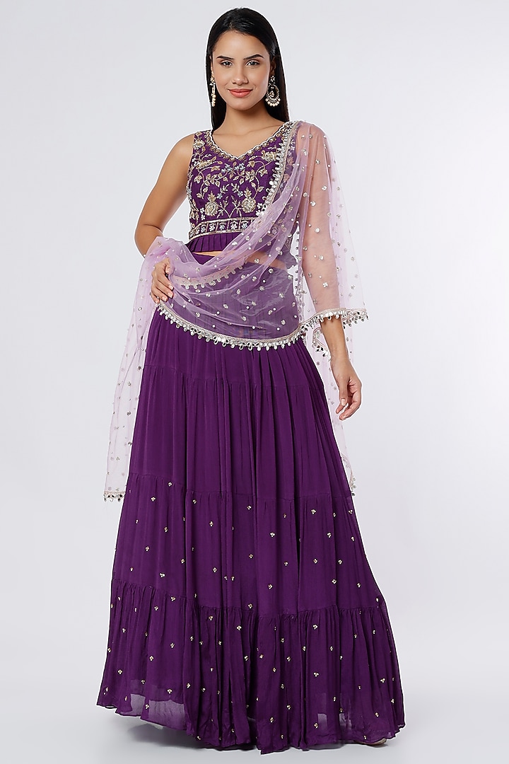 Purple Crepe Chiffon Lehenga Set by NIsha Ajmera