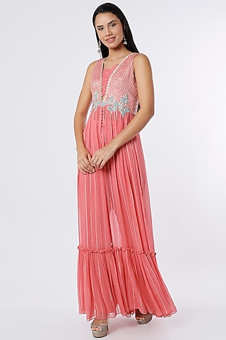 Coral Dupion Silk & Crepe Chiffon Tunic Set by NIsha Ajmera