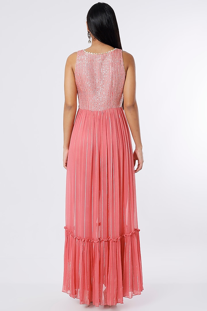 Coral Dupion Silk & Crepe Chiffon Tunic Set by NIsha Ajmera at Pernia's Pop Up Shop