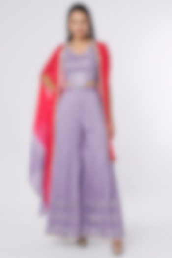 Lilac & Red Ombre Dupion Silk & Crepe Chiffon Cape Set by NIsha Ajmera at Pernia's Pop Up Shop