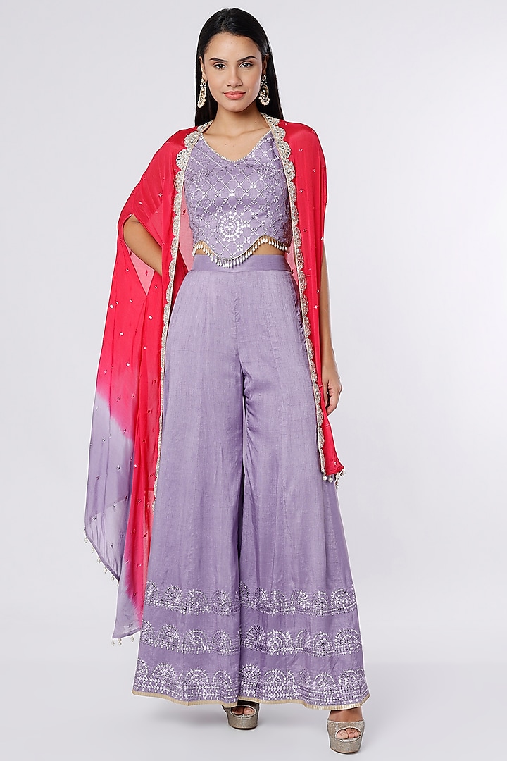 Lilac & Red Ombre Dupion Silk & Crepe Chiffon Cape Set by NIsha Ajmera at Pernia's Pop Up Shop