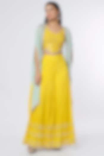 Blue & Yellow Ombre Dupion Silk & Crepe Chiffon Cape Set by NIsha Ajmera