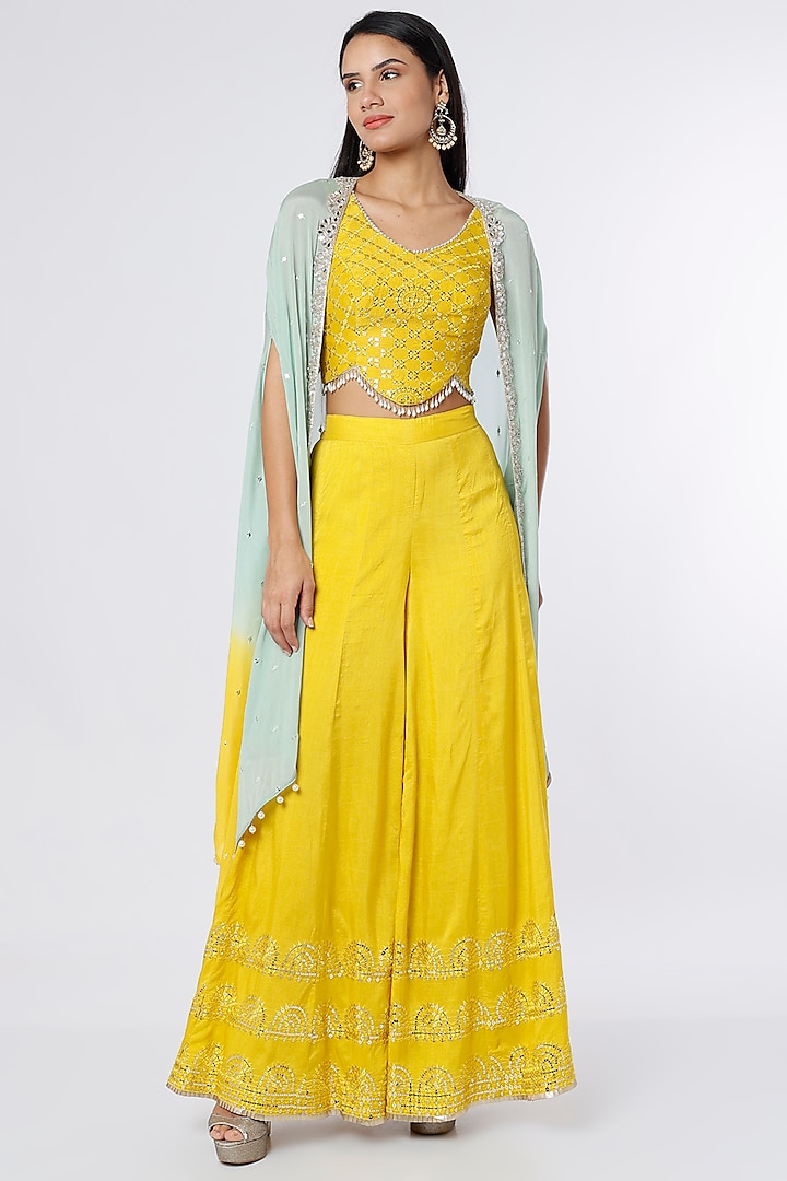 Blue & Yellow Ombre Dupion Silk & Crepe Chiffon Cape Set by NIsha Ajmera