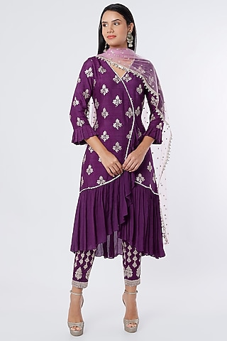 Purple Dupion Silk Frilled Tunic Set by NIsha Ajmera