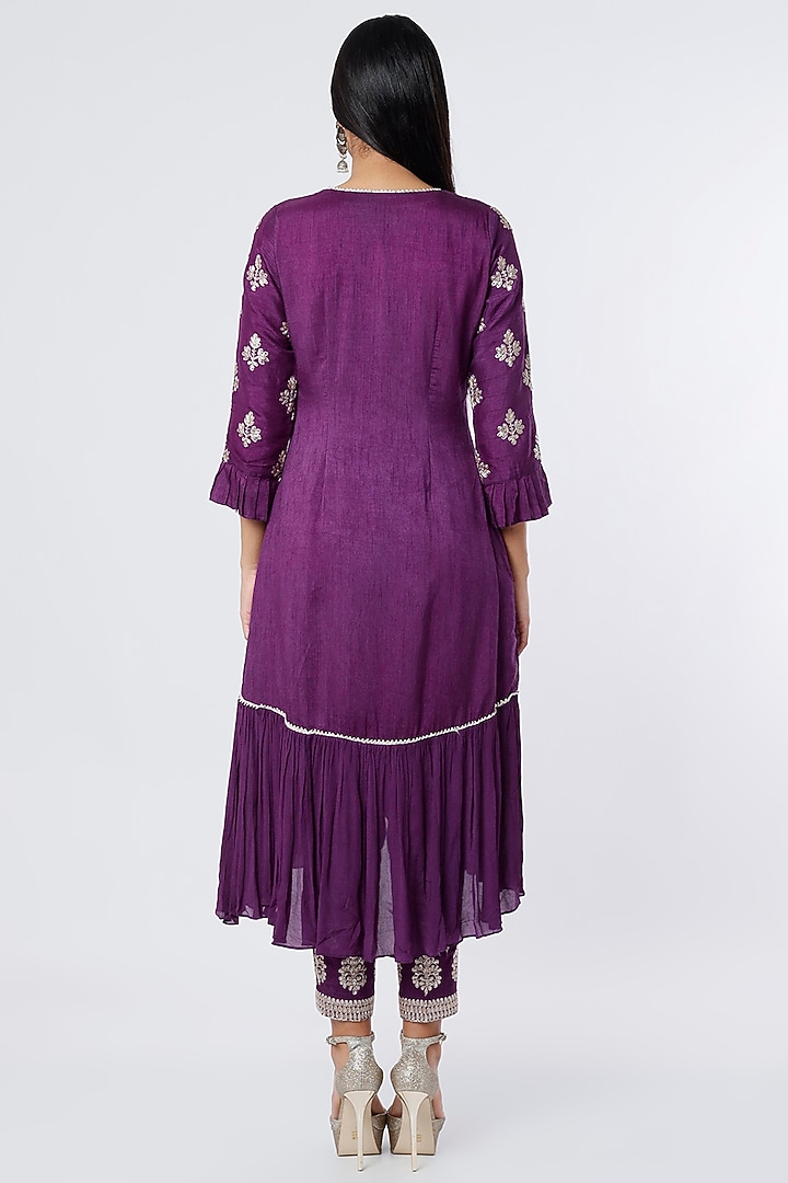 Purple Dupion Silk Frilled Tunic Set by NIsha Ajmera at Pernia's Pop Up Shop