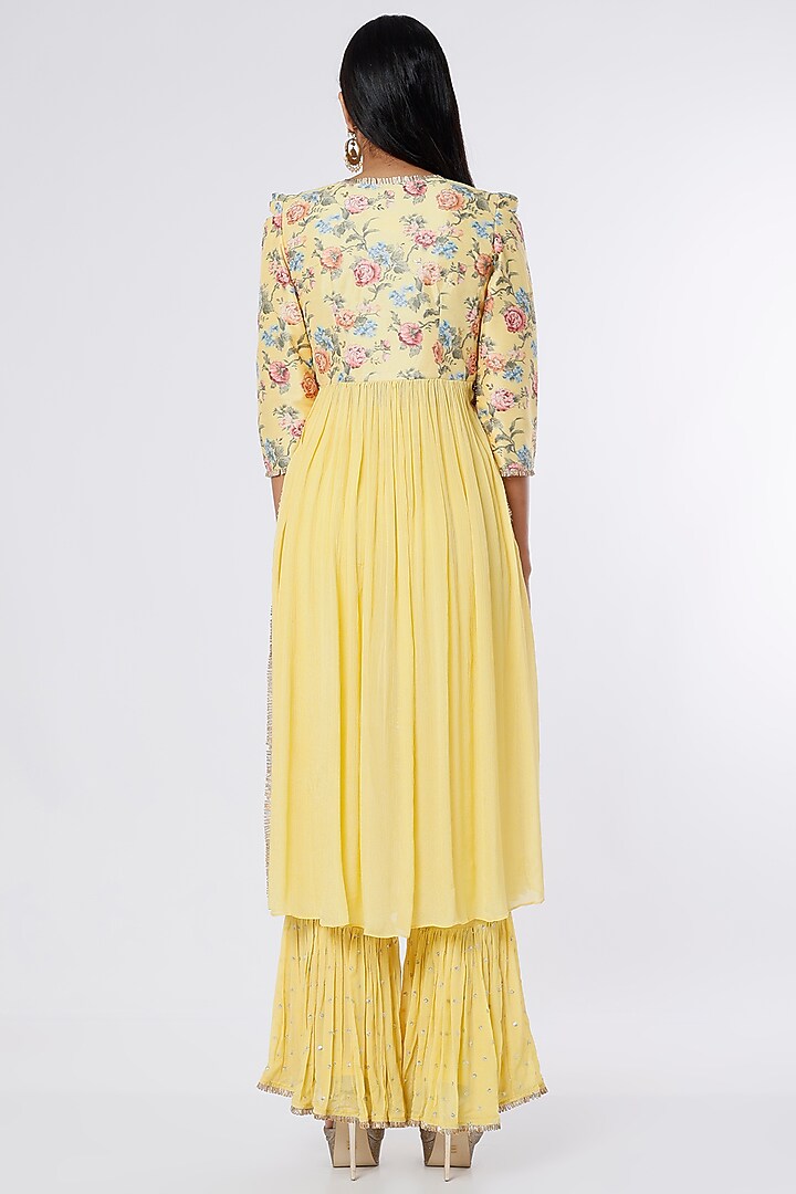 Yellow Dupion Silk & Crepe Chiffon Tunic Set by NIsha Ajmera at Pernia's Pop Up Shop