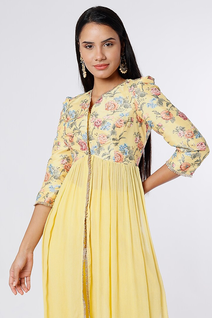 Yellow Dupion Silk & Crepe Chiffon Tunic Set by NIsha Ajmera at Pernia's Pop Up Shop