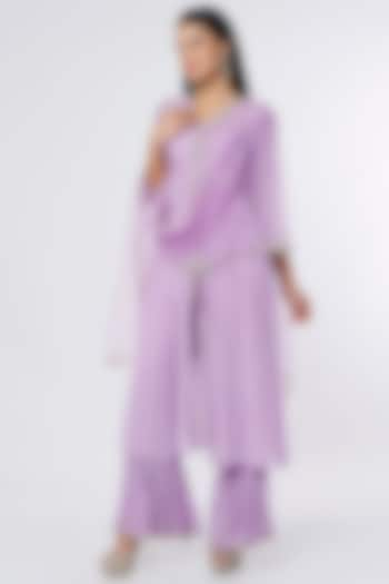 Lilac Dupion Silk & Crepe Chiffon Embroidered Tunic Set by NIsha Ajmera at Pernia's Pop Up Shop