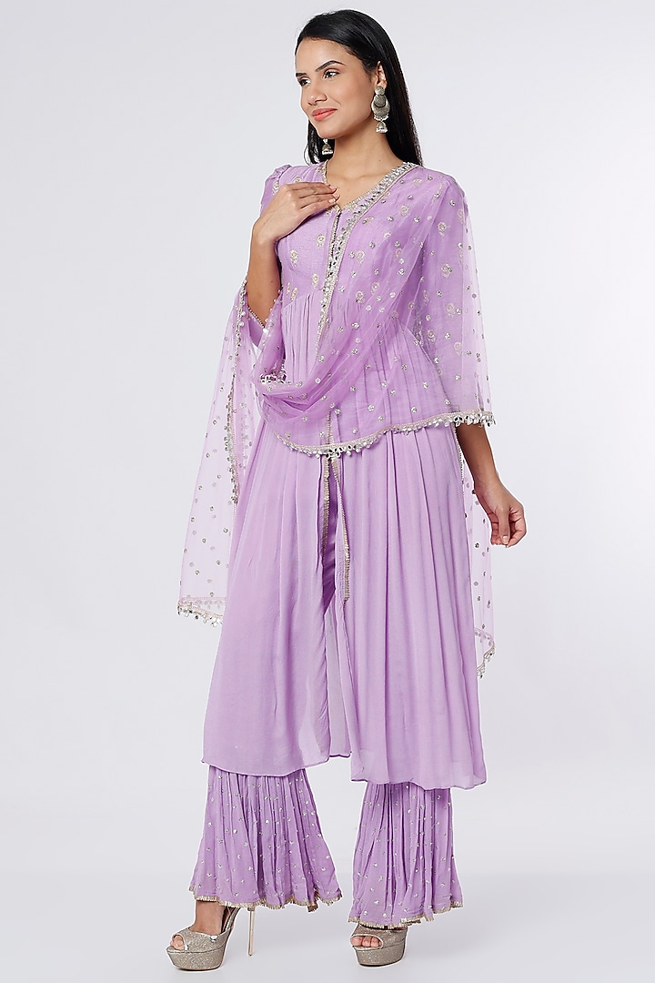 Lilac Dupion Silk & Crepe Chiffon Embroidered Tunic Set by NIsha Ajmera at Pernia's Pop Up Shop