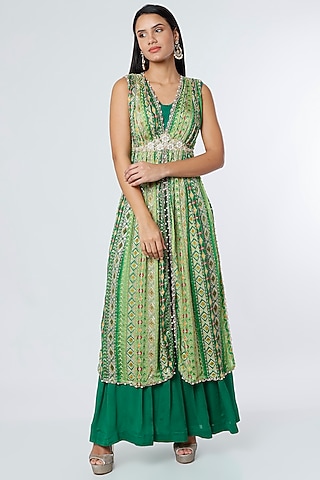 Green Dupion Silk & Crepe Chiffon Embroidered Cape Set by NIsha Ajmera