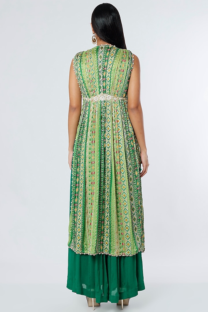 Green Dupion Silk & Crepe Chiffon Embroidered Cape Set by NIsha Ajmera at Pernia's Pop Up Shop