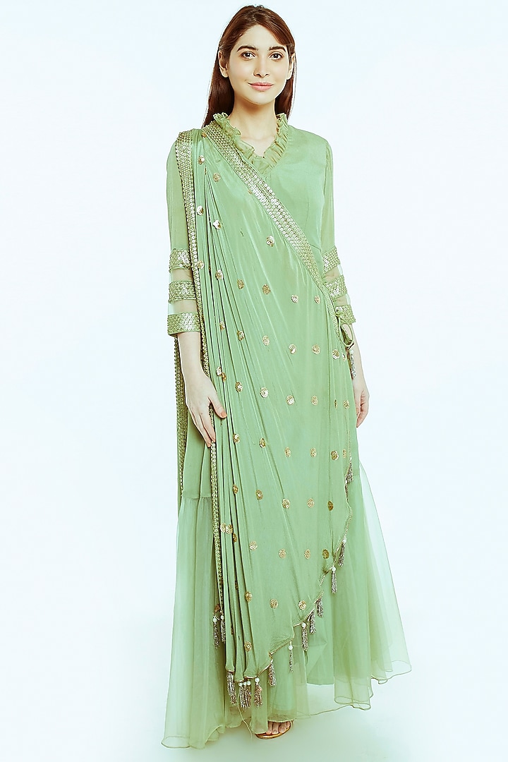 Sage Green Embroidered Anarkali Gown With Drape by NIsha Ajmera