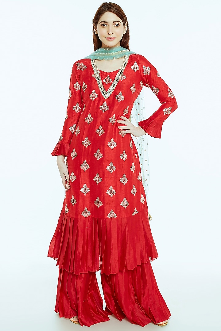 Red Embroidered Sharara Set by NIsha Ajmera