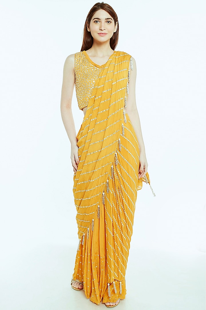 Yellow Crepe Chiffon Embroidered Draped Saree Set by NIsha Ajmera