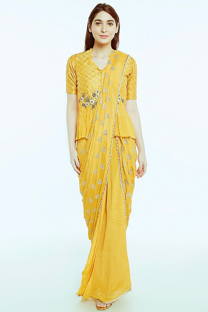 Mango Yellow Aari Embroidered Draped Saree Set by NIsha Ajmera