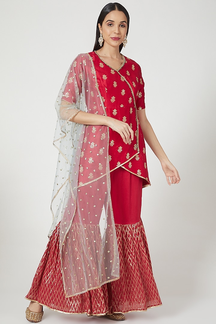 Red Silk Party Wear Sharara Set by NIsha Ajmera at Pernia's Pop Up Shop