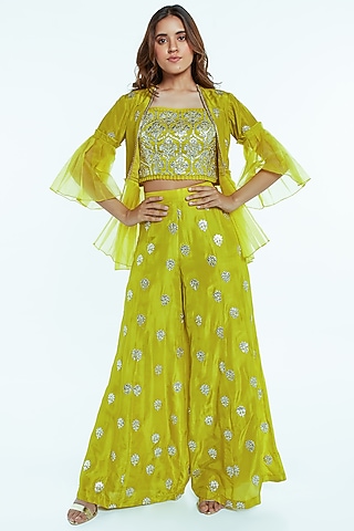 Lime Green Embroidered Jacket Set by Nisha Ajmera