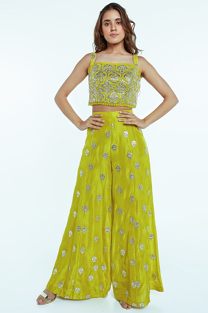 Lime Green Embroidered Jacket Set by Nisha Ajmera at Pernia's Pop Up Shop