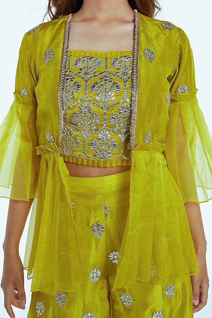 Lime Green Embroidered Jacket Set by Nisha Ajmera at Pernia's Pop Up Shop