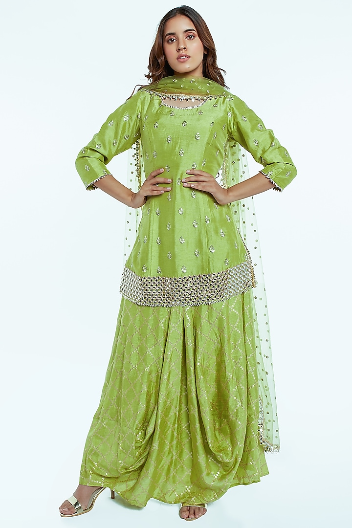Lime Green Embroidered Skirt Set by Nisha Ajmera