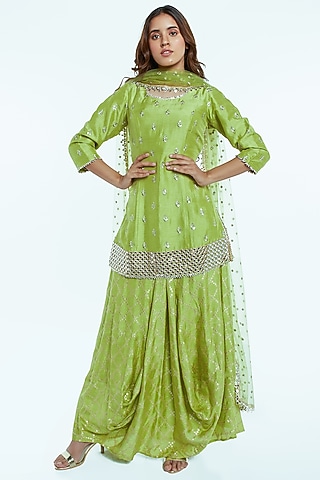 Lime Green Embroidered Skirt Set by Nisha Ajmera