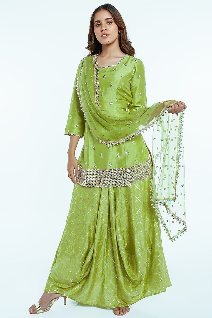 Lime Green Embroidered Skirt Set by Nisha Ajmera at Pernia's Pop Up Shop