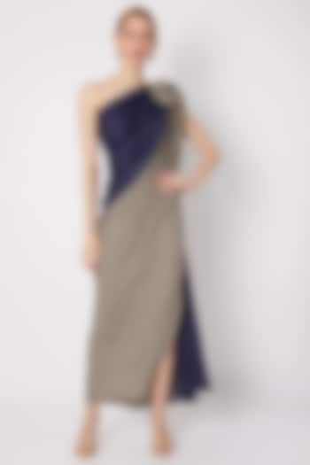 Navy Blue & Elephant Grey Shaded Draped Gown by Na-ka