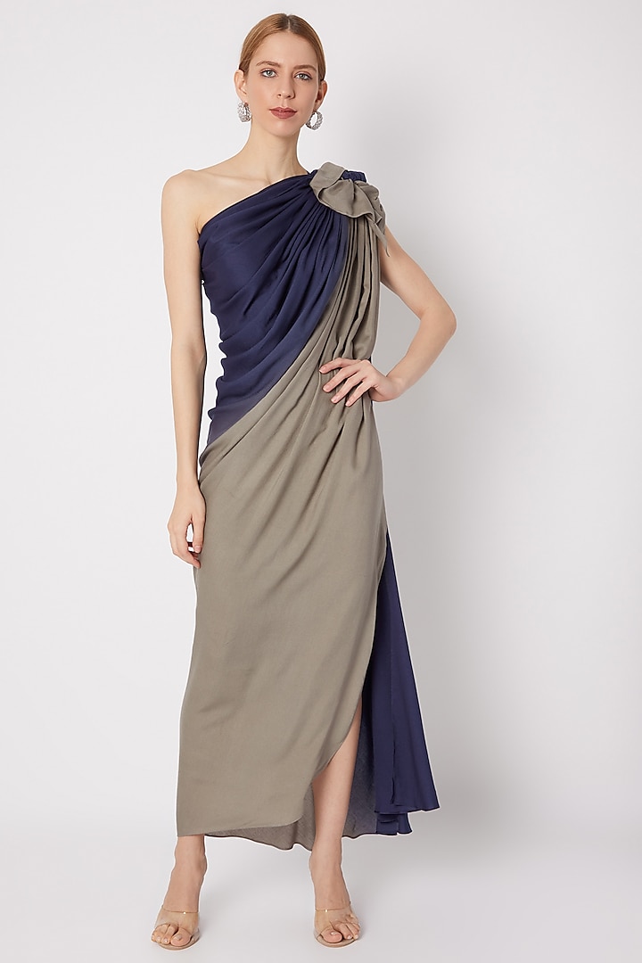 Navy Blue & Elephant Grey Shaded Draped Gown by Na-ka
