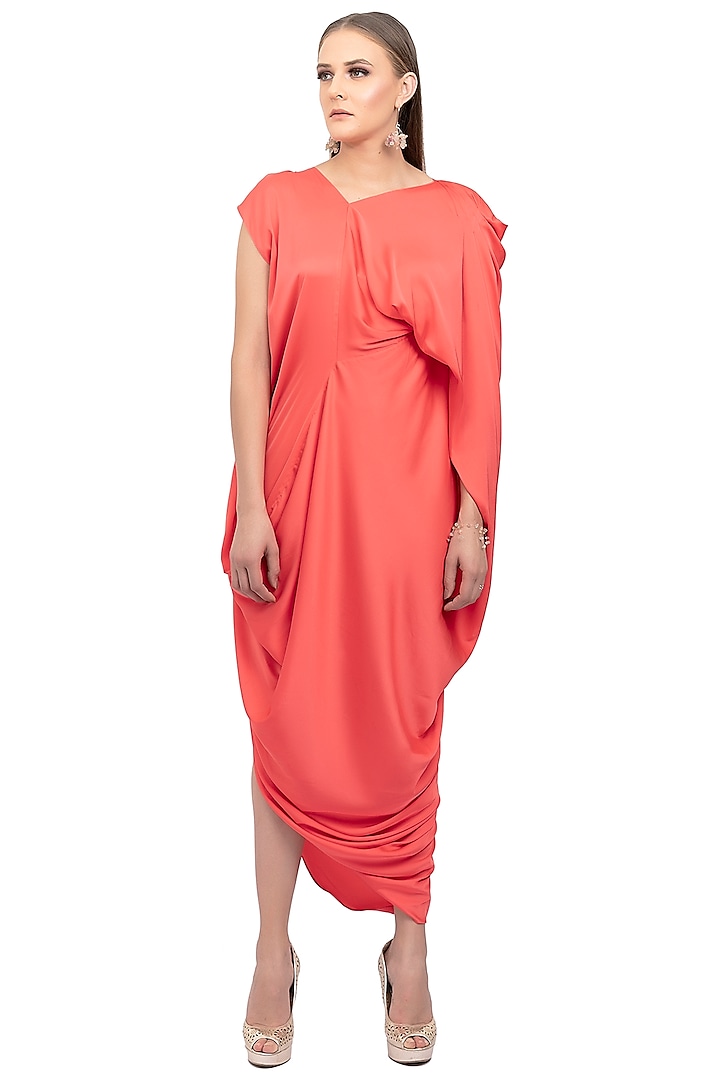 Orange Silk Satin Draped Dress by Na-Ka