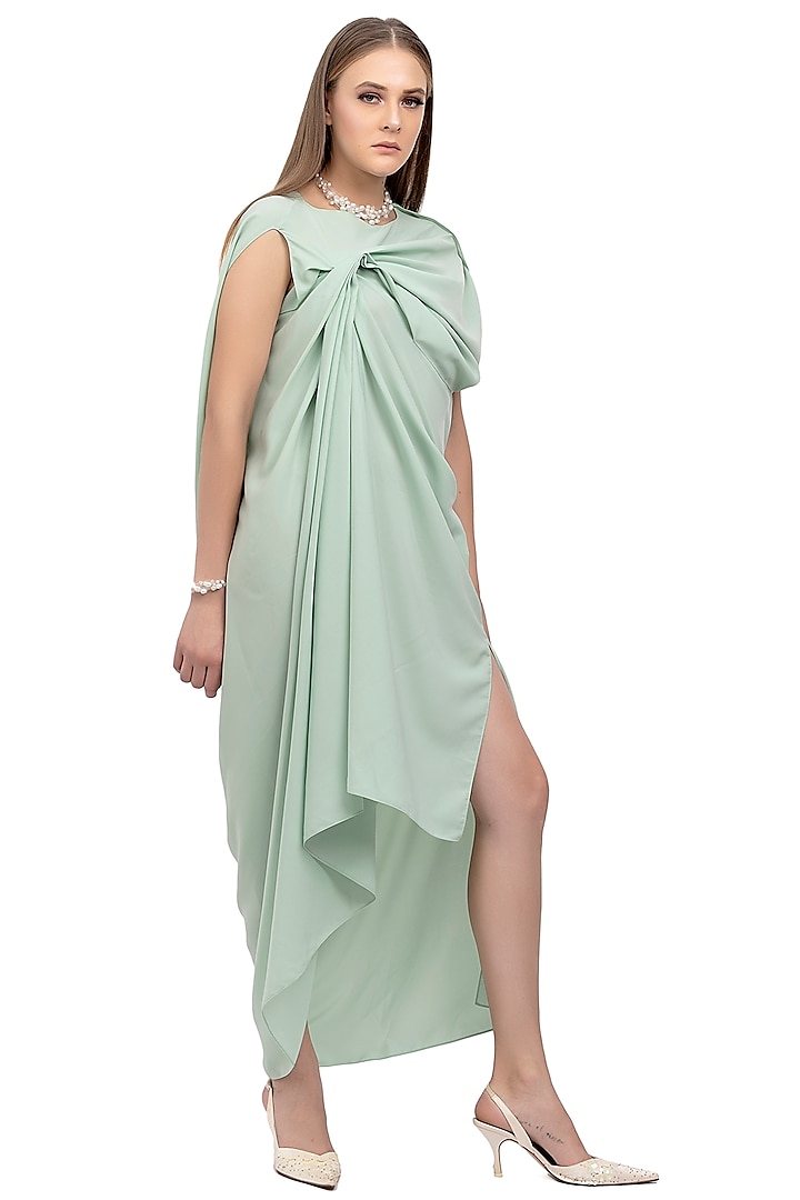 Mint Green Draped Formal Crepe Dress by Na-Ka