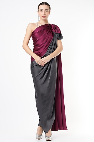 Wine & Grey Satin Draped Dress by NA-KA