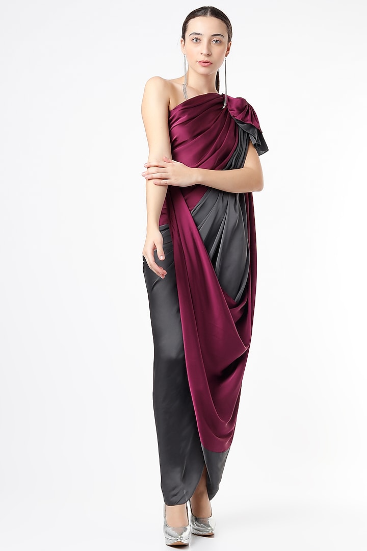 Wine & Grey Satin Draped Summer Dress by NA-KA at Pernia's Pop Up Shop