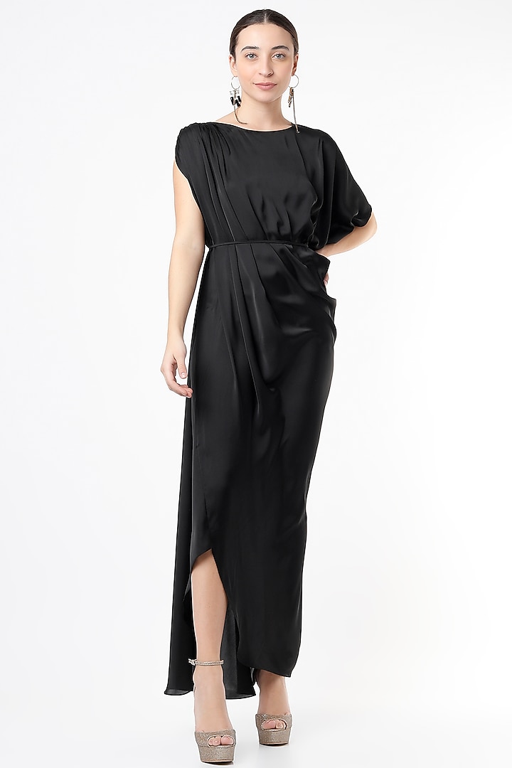 Black Draped Dress With Sash Belt by NA-KA