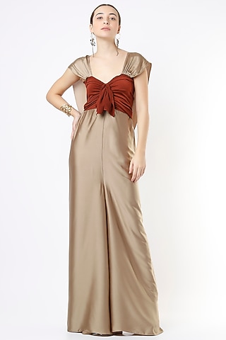 Gold Jumpsuit With Attached Cape by NA-KA