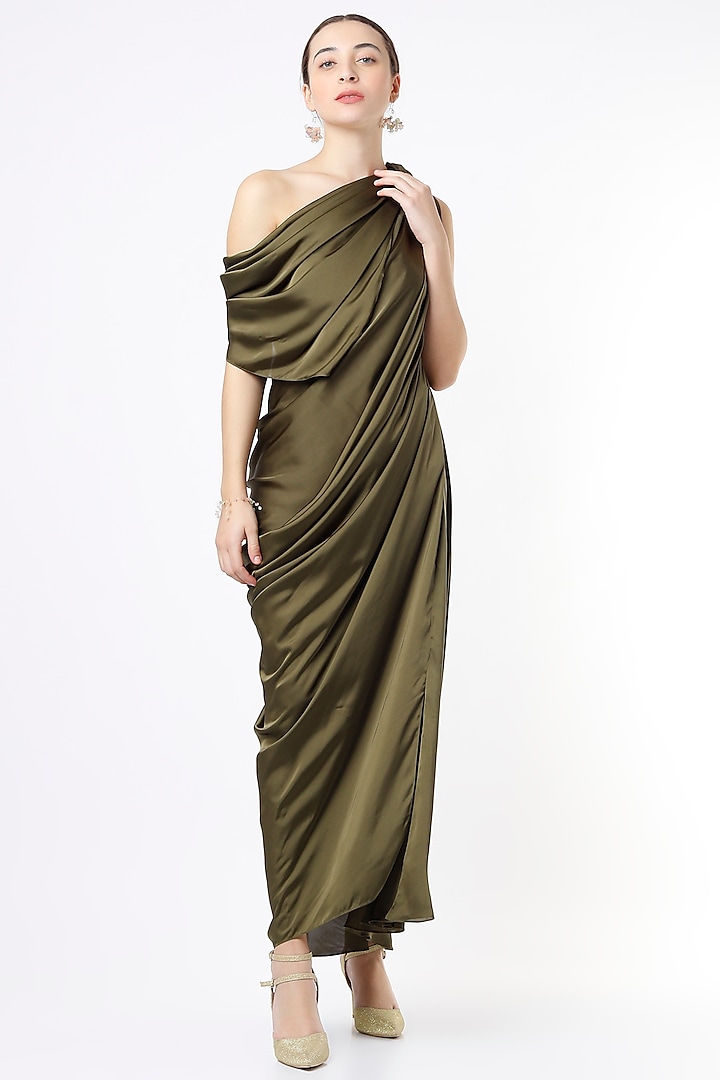 Moss Green One-Shoulder Gown by NA-KA